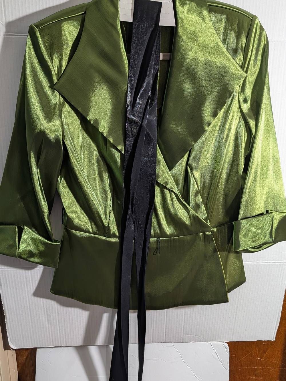 Olive Green Satin Blazer with Shawl Lapel - Size 14